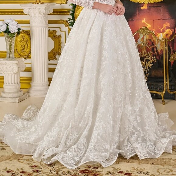 New Off White Floral Wedding Mesh Dress w/ Lace Up Back & V-Neckline GL3819 - Picture 9 of 14